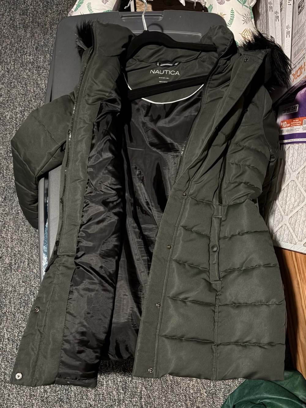Nautica Women's Dark Green Puffer Coat with Faux Fur Trim